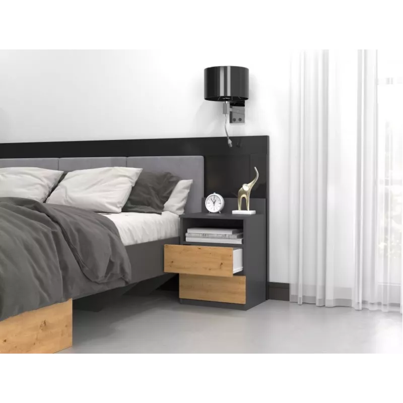 Top E Shop M1 ANTRACYT/ARTISAN nachtkastje, 2 lades, eiken