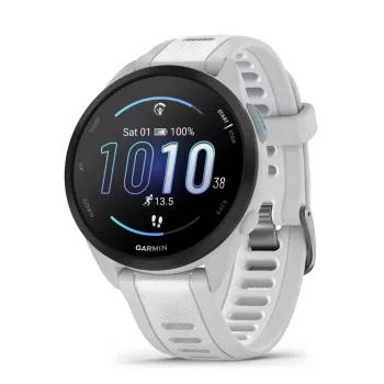 Smartwatch GARMIN Forerunner 165 — GPS, AMOLED 1,2 inch, 4 GB, 5 ATM, 11 dagen accu, grijze behuizing, witte band