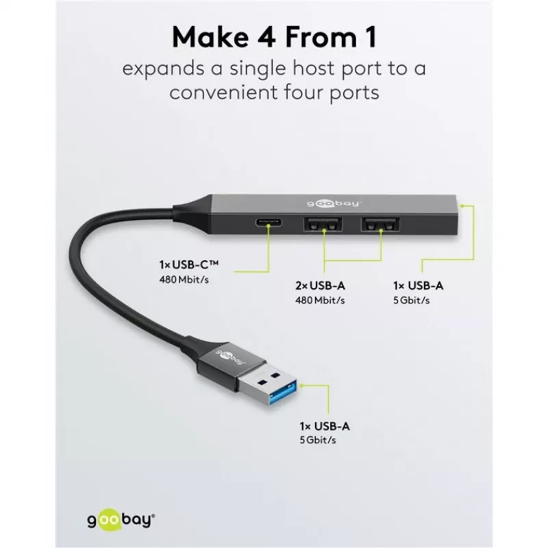 Goobay Slim 4-poorts USB-hub, USB-A naar USB-C™/USB-A, USB 3.2 (74458)