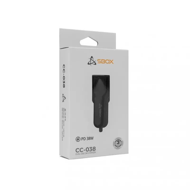 Autolader SBOX CC-038 38W zwart — dual-USB-voeding voor voertuigen