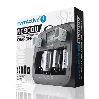 Batterijoplader everActive NC-900U universeel DC — laadt AA, AAA, C, D, 9V, tot 6 cellen, zwart