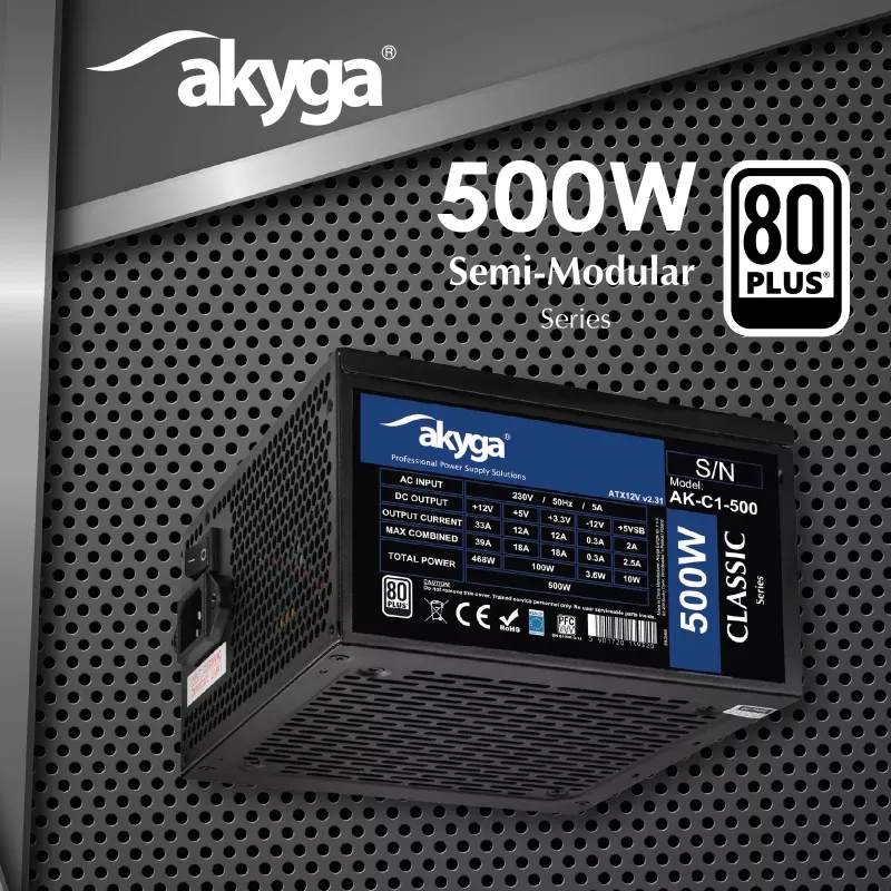 Akyga Classic AK-C1-500 ATX-voeding 500 W, 80 PLUS, actieve PFC, 120-mm-ventilator