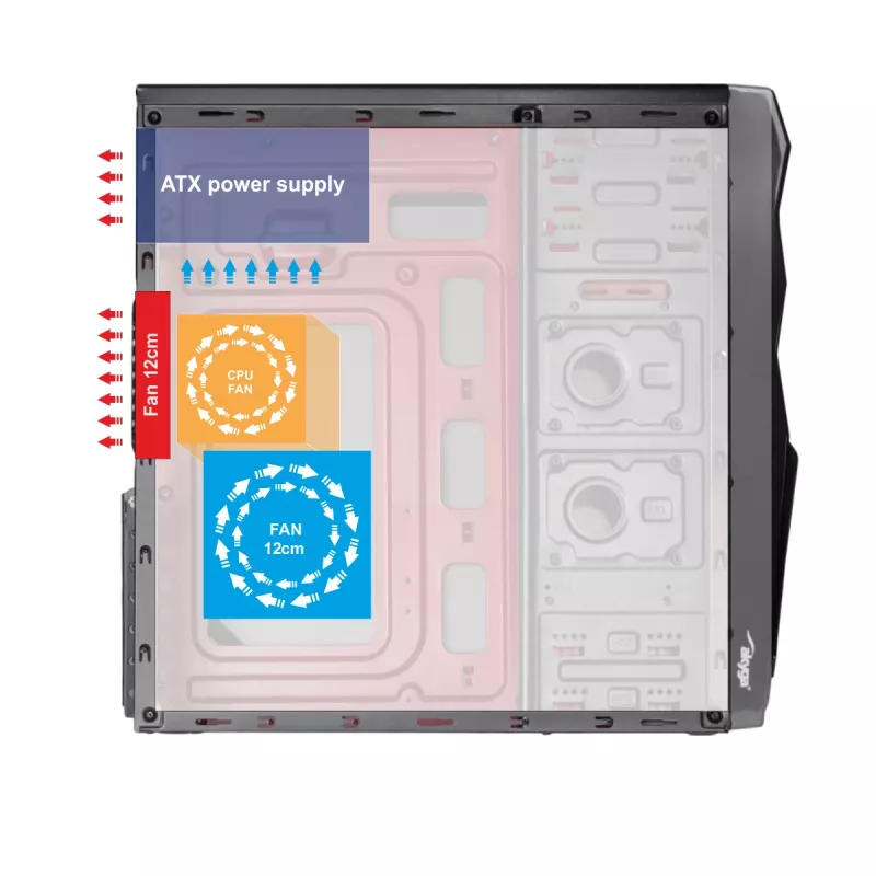 Akyga AK939BL midi-tower pc-behuizing, ATX / Micro-ATX / Mini-ITX, 2x USB 2.0, zonder voeding, zwart