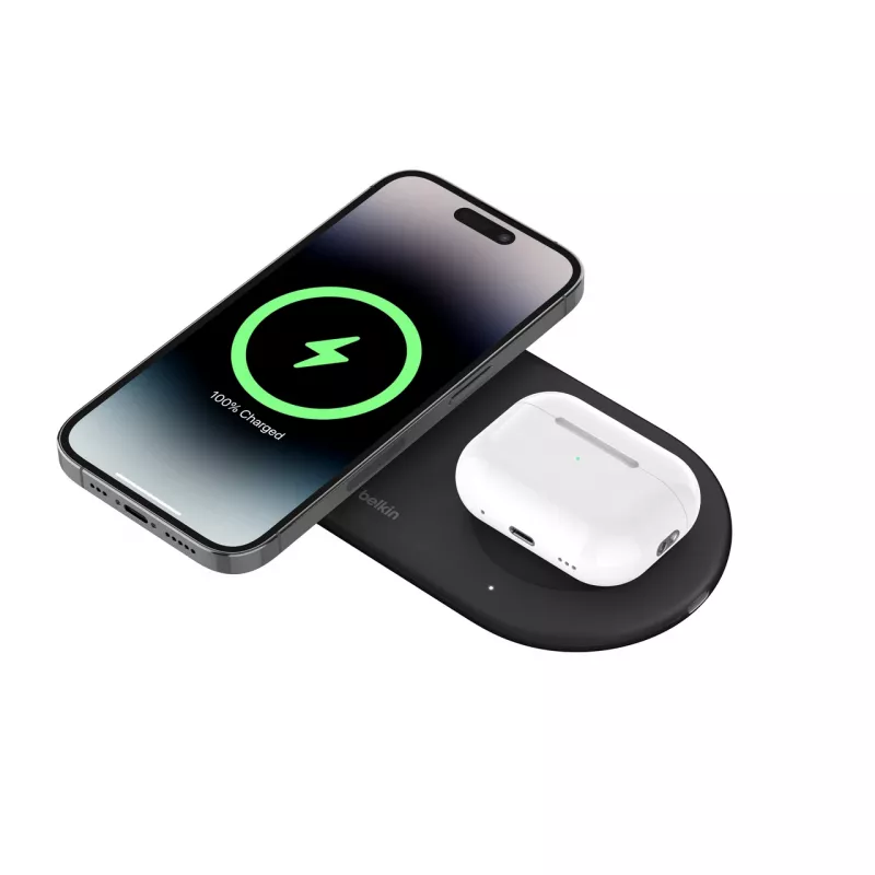 Belkin WIZ021VFBK – 2-in-1 draadloos laadstation met Qi2-technologie 15 W, zwart