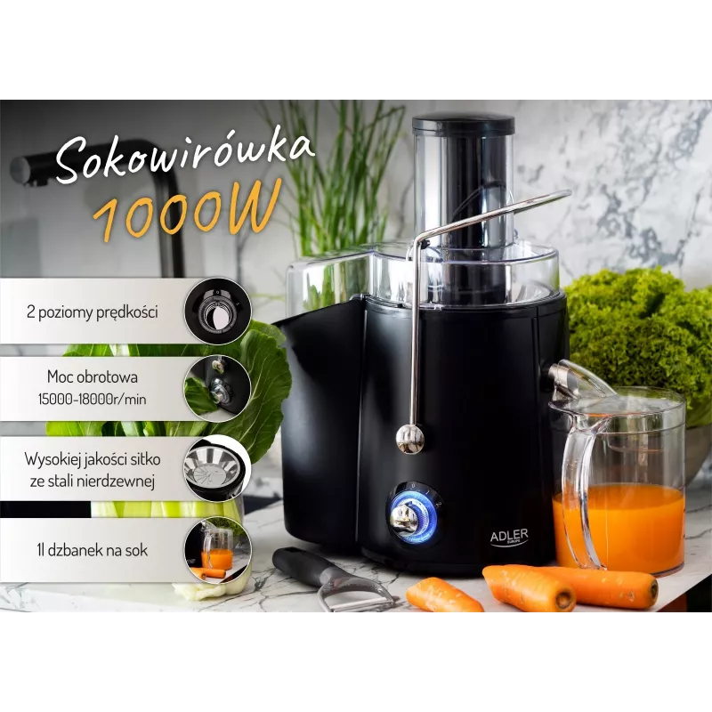 Centrifugaal sapcentrifuge Adler AD 4127 — 1000 W, zwart, sapcontainer, 3,9 kg