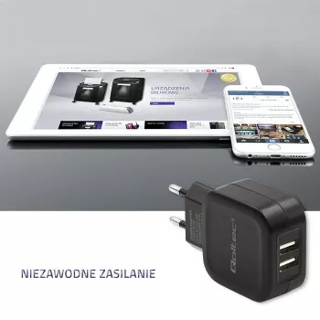 AC indoor oplader QOLTEC 50186 voor smartphone en tablet, 5 V 3.4 A, 17 W, 2× USB, zwart