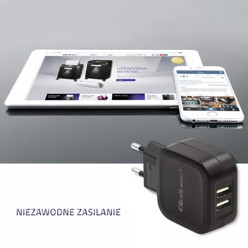 AC indoor oplader QOLTEC 50186 voor smartphone en tablet, 5 V 3.4 A, 17 W, 2× USB, zwart