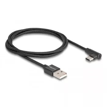 USB 2.0-kabel, USB-A-stekker > USB-C-stekker (zwart, 1 meter, ommanteld, 90° haaks)