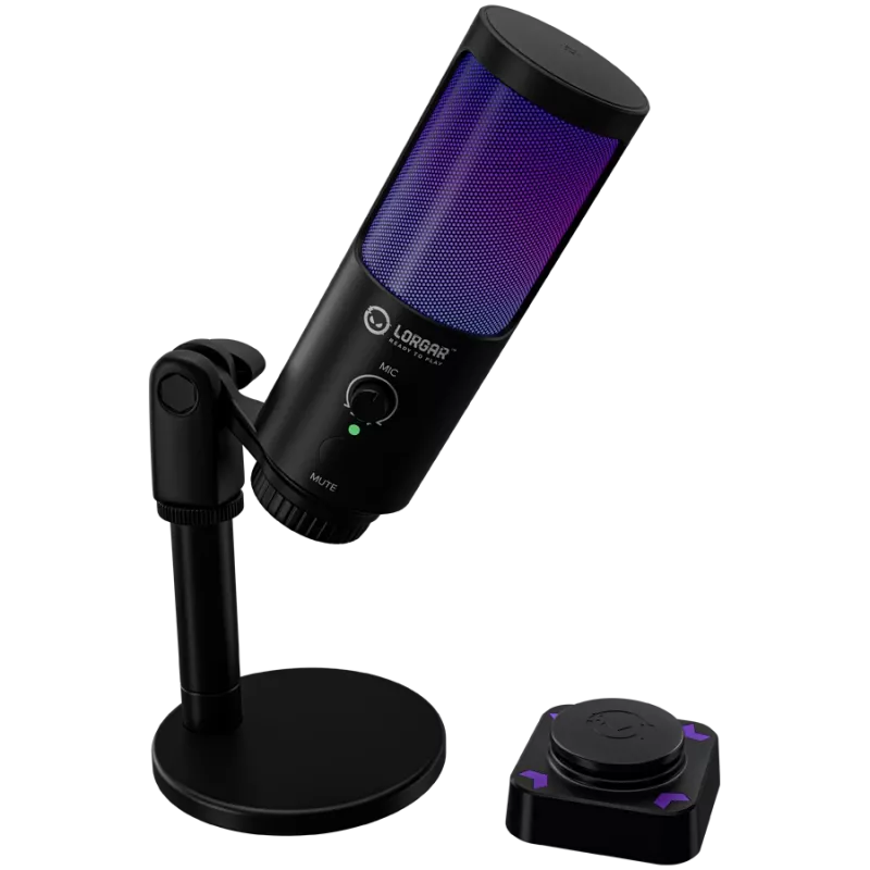 LORGAR SMP40, RGB-microfoon met externe mute-knop en metalen standaard, zwart