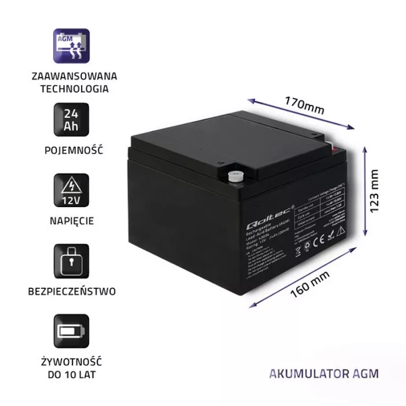 Qoltec 53036 AGM-batterij | 12V | 24Ah | max 360A