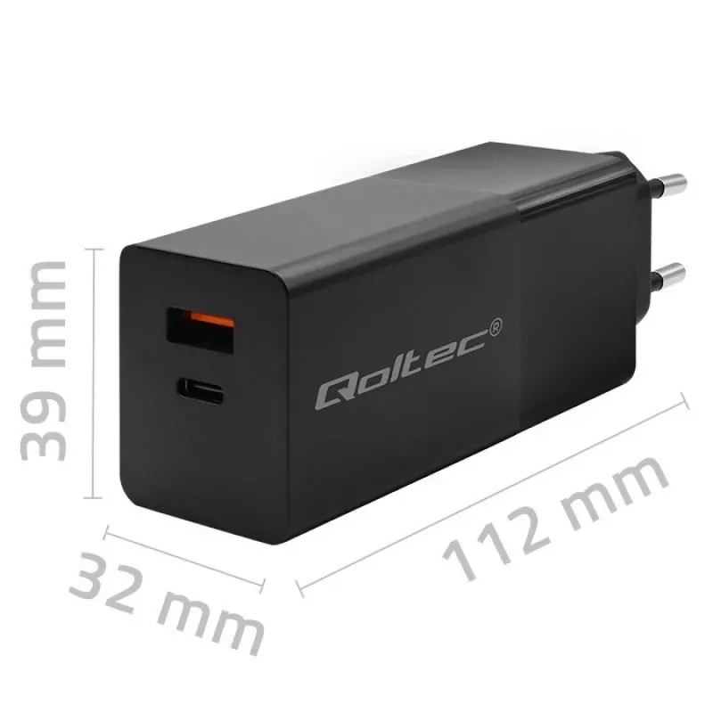 Qoltec 52382 GaN POWER PRO oplader | 1xUSB Type C | 1xUSB A | 100W | 5-20V | 1.5-5A | PD | zwart