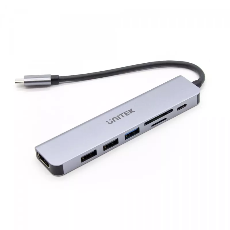 USB-C hub Unitek 7in1 aluminium PD 100W 5 Gbps — multiport-adapter met Power Delivery