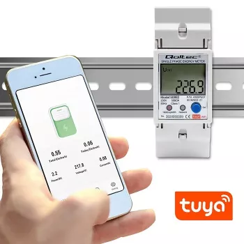Qoltec 50882 eenfasige elektronische energieverbruiksmeter voor DIN-rail | Wi-Fi | TUYA | 230V | LCD