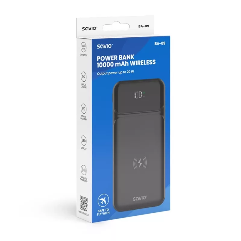 Savio BA-09 draadloze powerbank, 10000 mAh, zwart