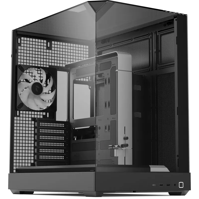 Tower-behuizing APNX V2 met drie geharde glaspanelen, zwart