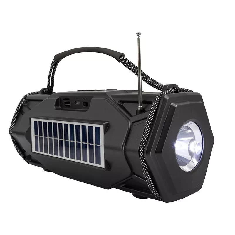 Tracer Explorer TRAGLO47616 draagbare Bluetooth-speaker, TWS, Bluetooth 5.3, 15 W RMS, FM-radio, zaklamp, zonnepaneel, 1800 mAh powerbank, microSD, zwart