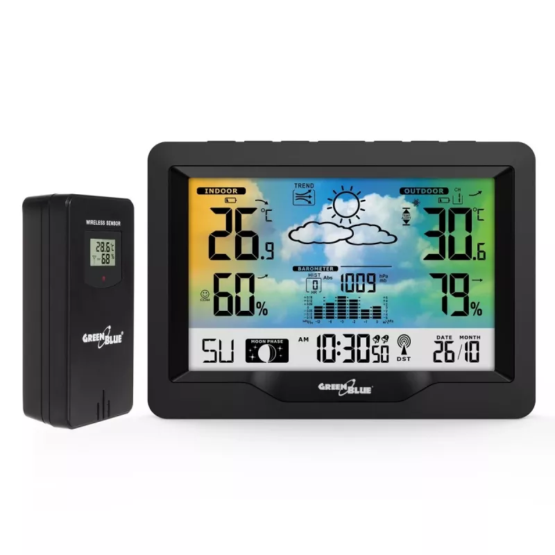 Hygrometer thermometer GreenBlue GB540 — indoor 0–50°C / outdoor -20–65°C, DCF-klok, buitensensor 60 m, zwart
