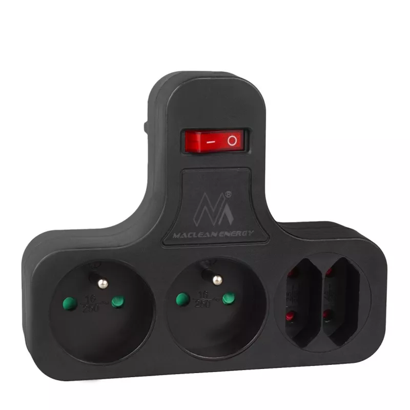 Maclean stopcontact, viervoudig met schakelaar, stabilisatievoet, type E, 2x2,5A, 2x16A, MCE224 E/B