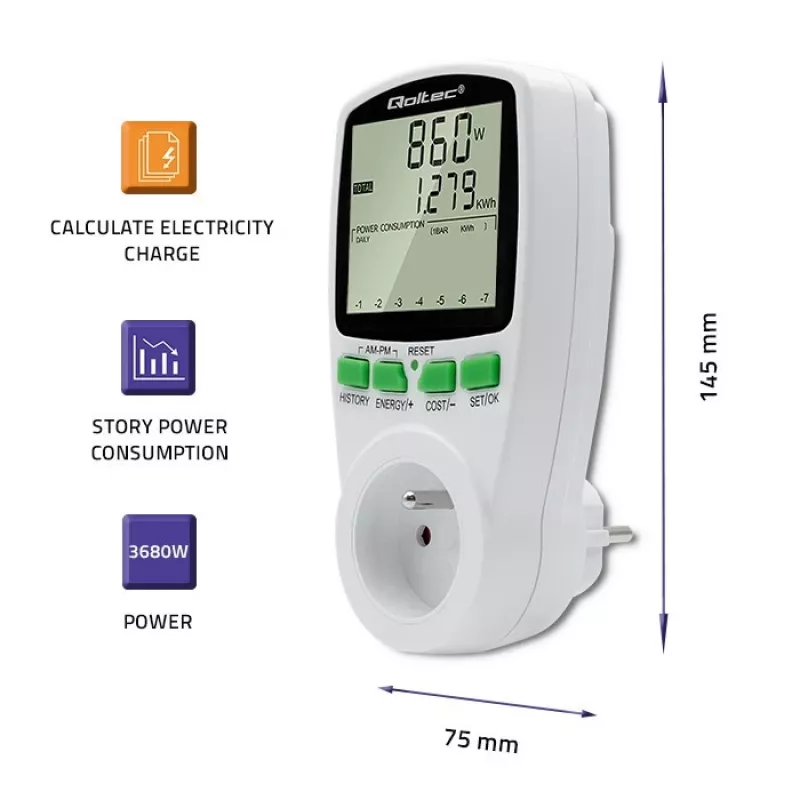 Vermogensmeter QOLTEC PM0627 3680W met historie — QOLTEC PM0627 3680W