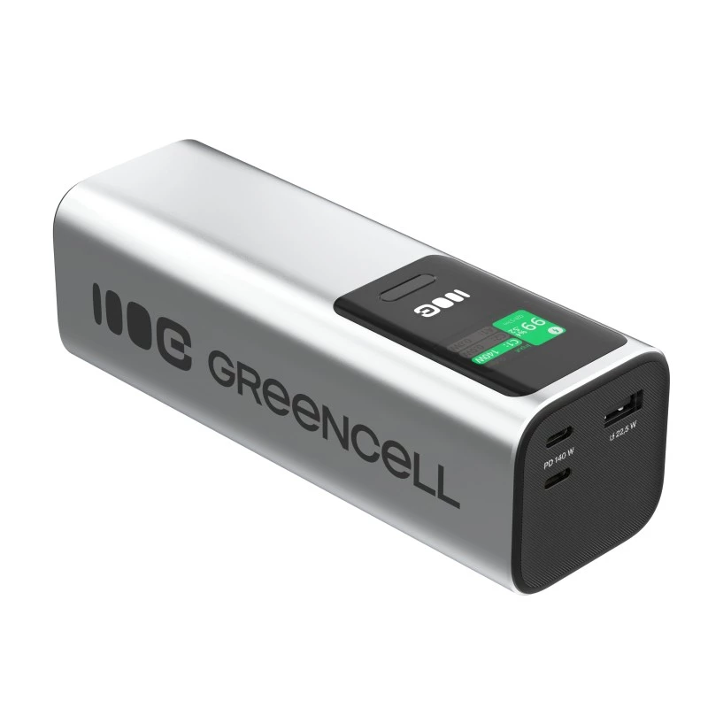 Draagbare batterij Green Cell PBGC25UD, 25200 mAh, Li‑ion, 140 W totaalvermogen, 2× USB‑C + 1× USB‑A, OLED-display, aluminium behuizing