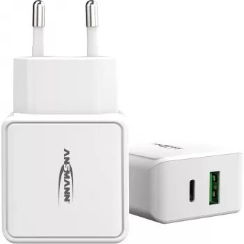 ANSMANN HC218PD - voeding - 18 watt - 3000 mA - PD, QC 3.0 - 2 uitgangspoorten (USB, USB-C) - wit (1001-0111)