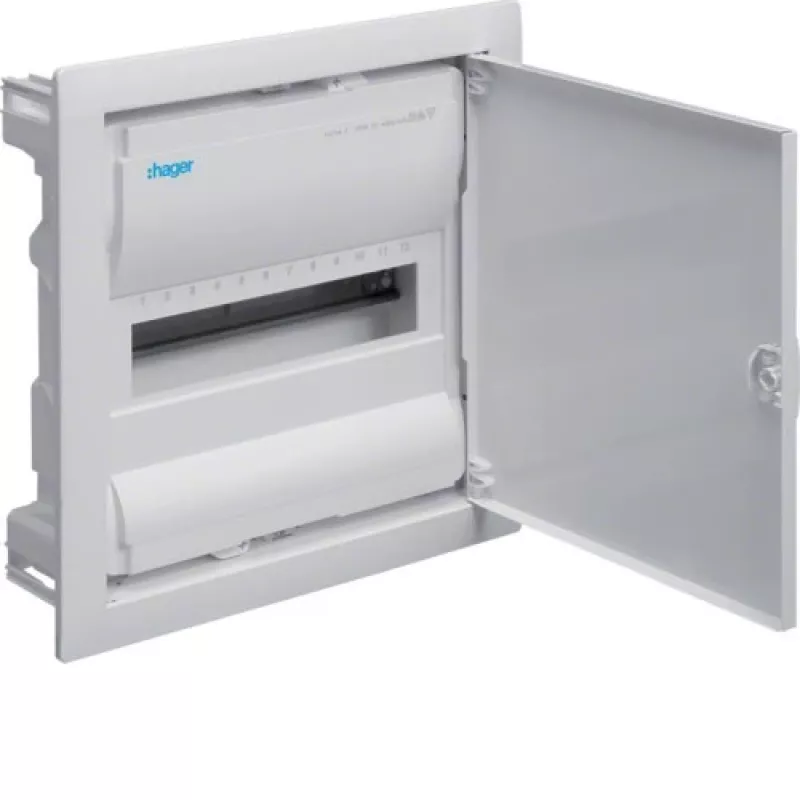 Hager Volta VU12NE inbouwverdeelkast, 1 rij, 12 modules, IP30, metalen deur, 348×356×98 mm, wit