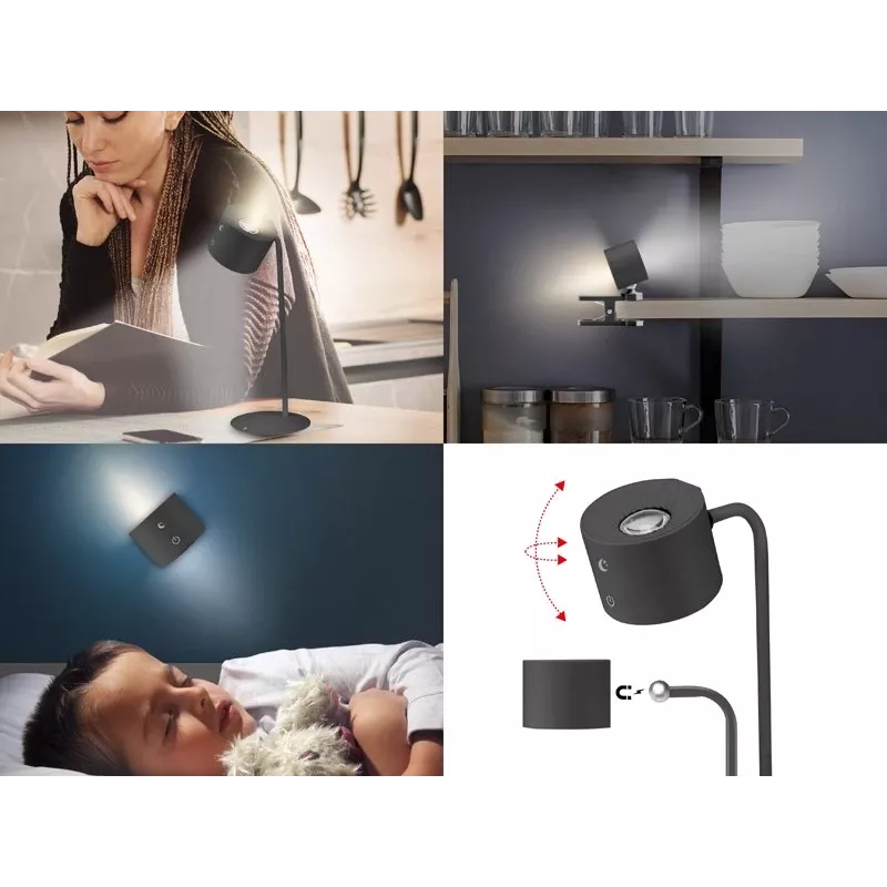 Beper P201UTP304 oplaadbare LED-lamp met magnetische voet, klem en wandbeugel, 2,3 W, dimbaar, zwart
