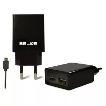 Reisoplader Beline Beli0011 — 2×USB-aansluitingen, microUSB-kabel, 2A uitgang, zwart