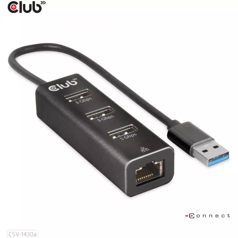 USB-hub CLUB3D USB 3.2 Gen1 Type-A met 3 aansluitingen en Gigabit-Ethernet