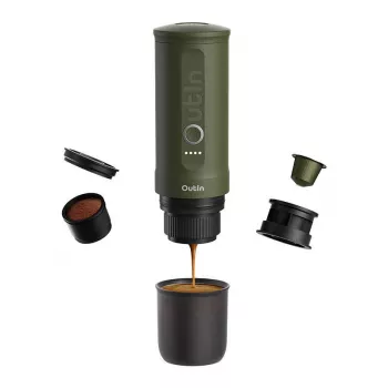 Koffiemachine OUTIN Outin Nano zwart, groen — koffiepoeder, 20 bar, 7500 mAh batterij, 0,67 kg