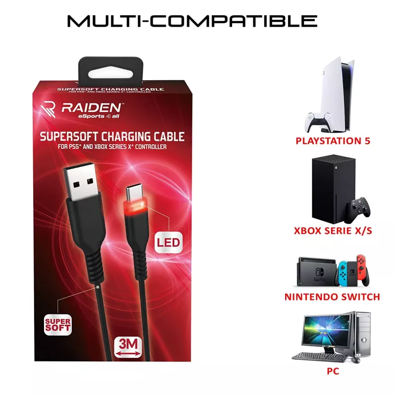 USB-C-oplaadkabel SUBSONIC SA5601 3 m – compatibel met PS5, Xbox, Nintendo Switch
