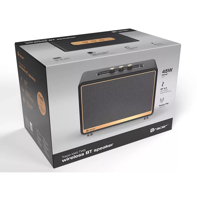 Draagbare stereoluidspreker TRACER M45 zwart — Bluetooth 5.0, 45 W RMS, FM-radio, ingebouwde microfoon, op batterij