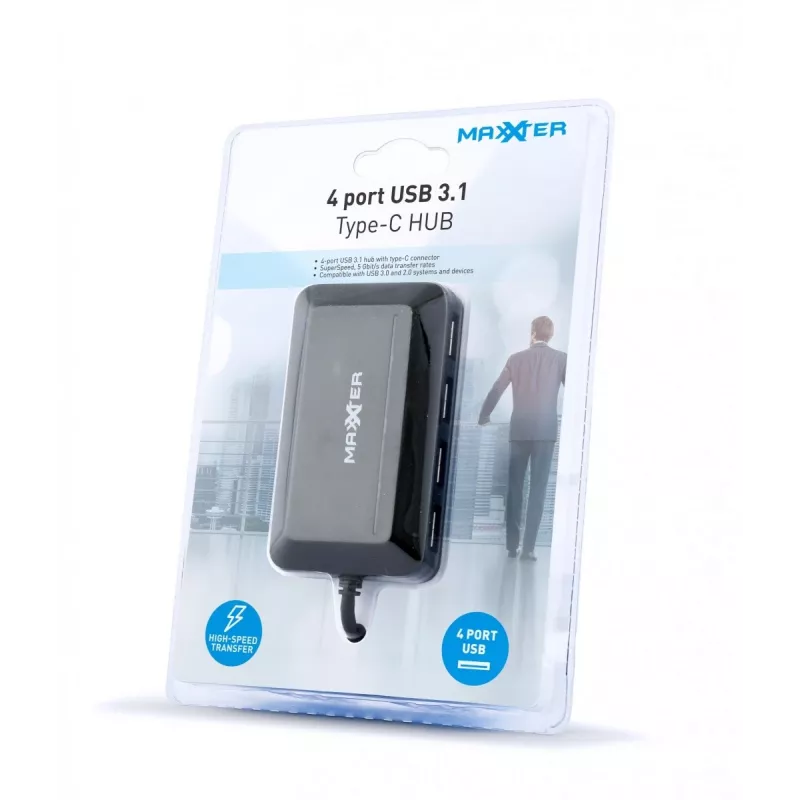 USB-hub GEMBIRD ACT-HUB3C-4P — USB 3.2 Gen 1 Type-A host naar 4 × USB 3.2 Gen 1 Type-C, 5000 Mbit/s, zwart