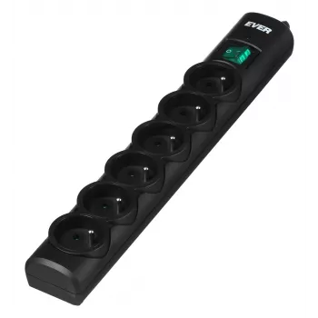 Meervoudig stopcontact EVER Optima 3 m kabel, 6 AC-stopcontacten, 250 V, 10 A, overspanningsbeveiliging 175 J, zwart