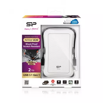 Externe HDD Silicon Power Armor A30 2 TB 2,5 inch USB 3.2 Gen 1, wit, schokbestendig, 256-bits AES