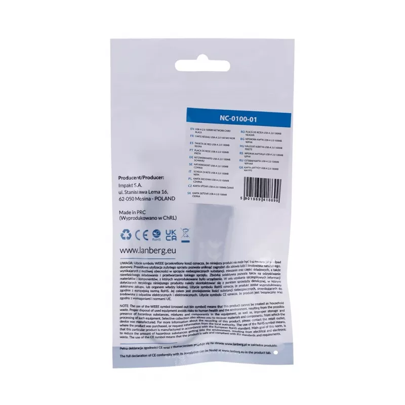 Lanberg NC-0100-01 USB 2.0 naar RJ45 100 Mbit netwerkadapter, 0,15 m kabel