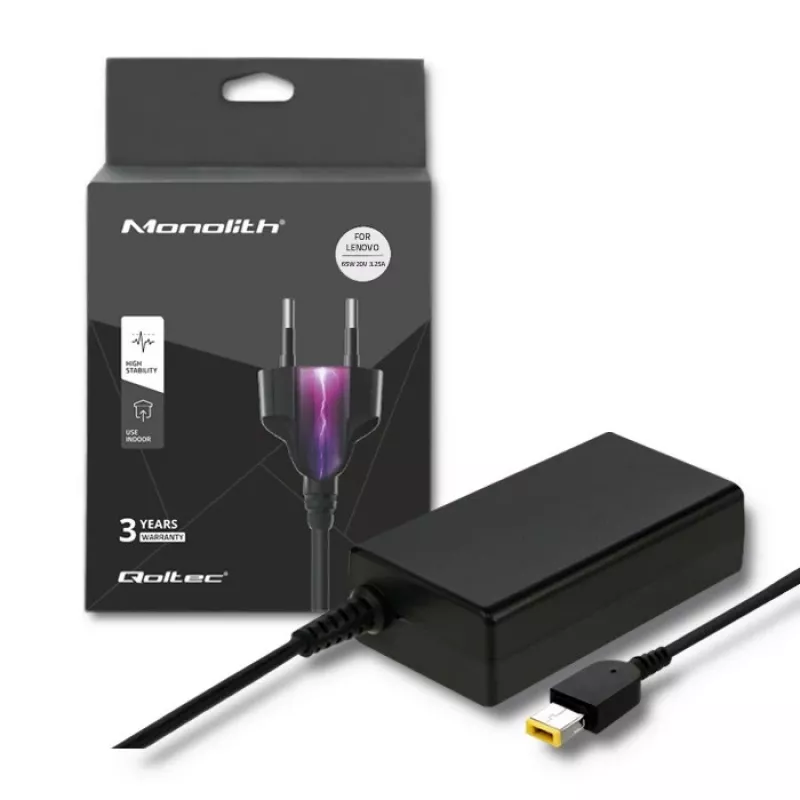 Voeding QOLTEC 51556 voor binnen 65 W voor Lenovo-laptops, 20 V 3,25 A, zwart