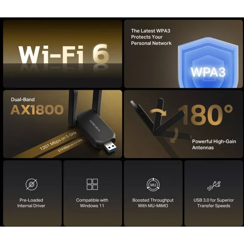 Wi-Fi USB-adapter MERCUSYS MA72XH AX1800 met high-gain antennes, USB-A plug-and-play