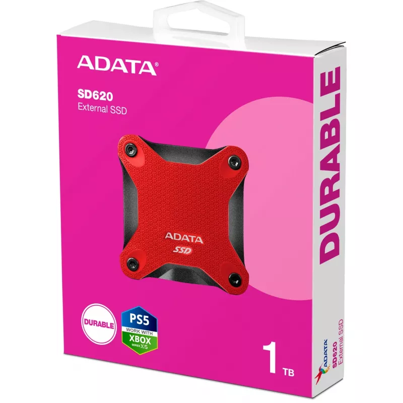 Externe SSD ADATA SD620 1 TB, draagbaar USB 3.2 Gen 2 (Micro-USB B), leessnelheid 520 MB/s, schrijfsnelheid 460 MB/s, schokbestendig, rood