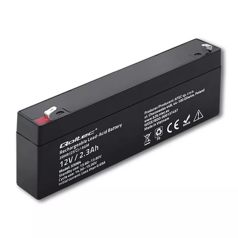 Verzegelde AGM-accu QOLTEC 12V 2,3Ah voor UPS- en back-upsystemen, max. ontlading 34,5A