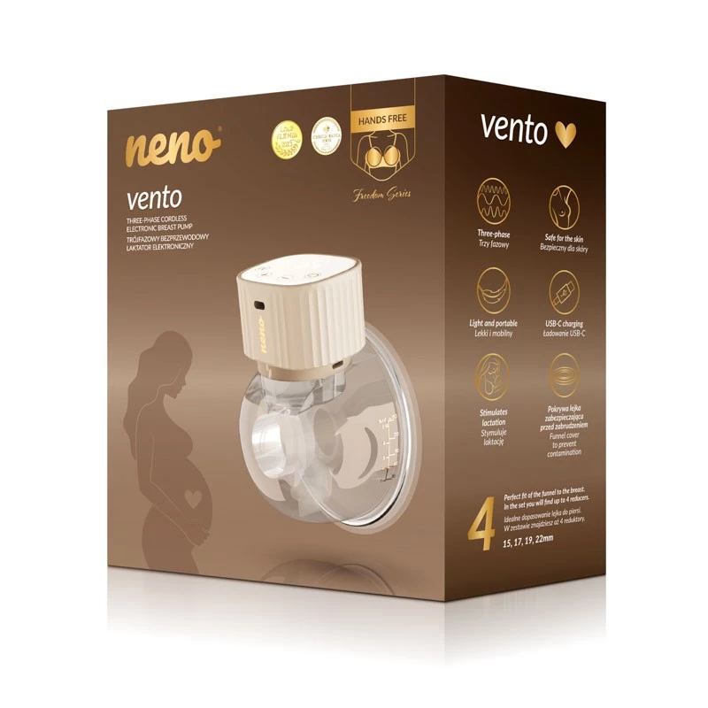 Elektronische draadloze borstkolf neno VENTO Three-Phase, oplaadbaar, draagbaar, LCD-display, 150 ml fles, BPA-vrij, beige