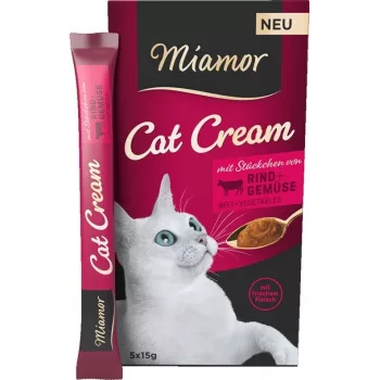 Natte kattenlekkernij Miamor MIAMOR Cat Cream rund 5×15 g — pastatubes, 6×15 g, volwassen katten, 87% vocht