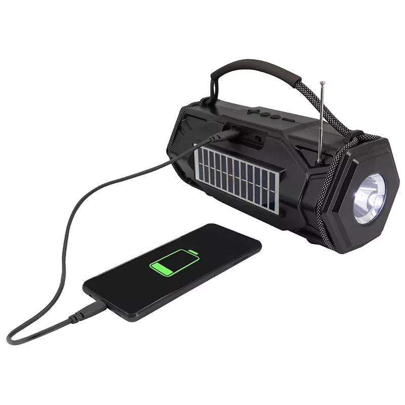 Tracer Explorer TRAGLO47616 draagbare Bluetooth-speaker, TWS, Bluetooth 5.3, 15 W RMS, FM-radio, zaklamp, zonnepaneel, 1800 mAh powerbank, microSD, zwart