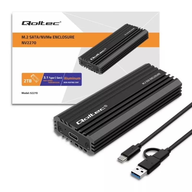 Externe SSD-behuizing QOLTEC NV2270 voor M.2 SATA/NVMe-schijven, USB-C, tot 2 TB