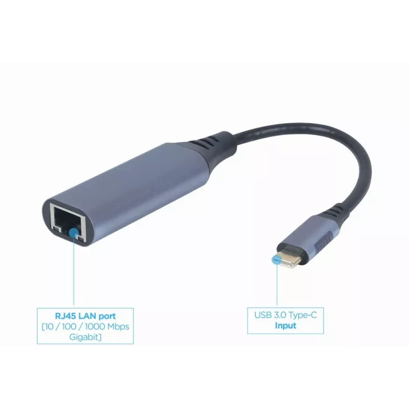 Netwerkadapter Gembird A-USB3C-LAN-01 Type-C USB 3.2 Gen 1, Gigabit RJ-45, 0,15 m kabel, metalen behuizing, grijs/zwart