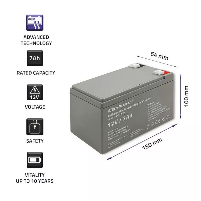 Qoltec 53076 AGM-accu | 12V | 7Ah | veiligheid