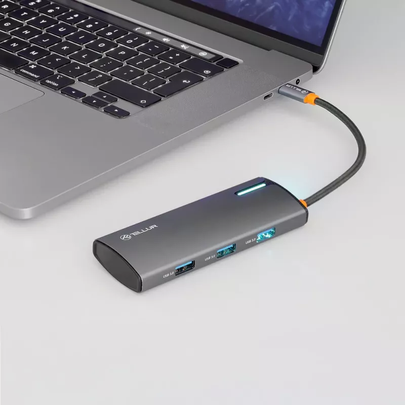 USB-C-hub Tellur TLL321061 met PD 3.0 100W, HDMI-uitgang en 3× USB 3.0-aansluitingen