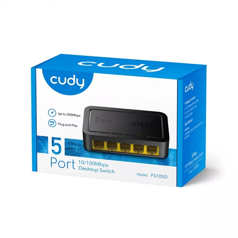 Netwerkswitch Cudy FS105D — 5-poorts Fast Ethernet 10/100, 1 Gbit/s switching, zwart