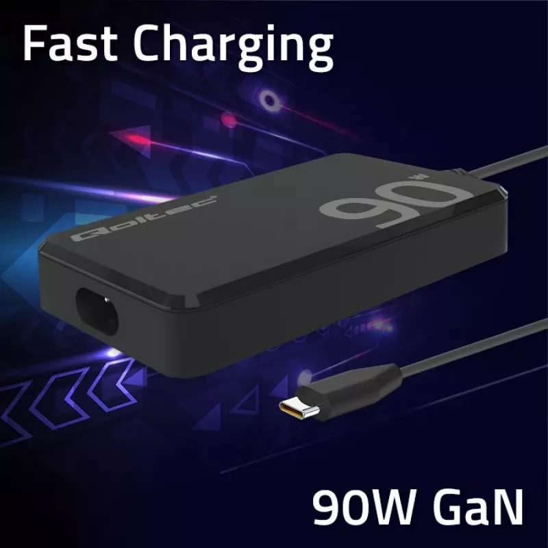Qoltec 90W GaN Super Fast SLIM wandoplader | XP | 5-20V | 4,5A | USB-C 3.1 | laptop | MacBook | smartphone | + kabel