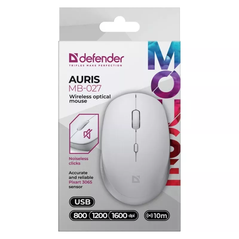 Draadloze muis met stille klik AURIS MB-027 800/1200/1600 DPI wit